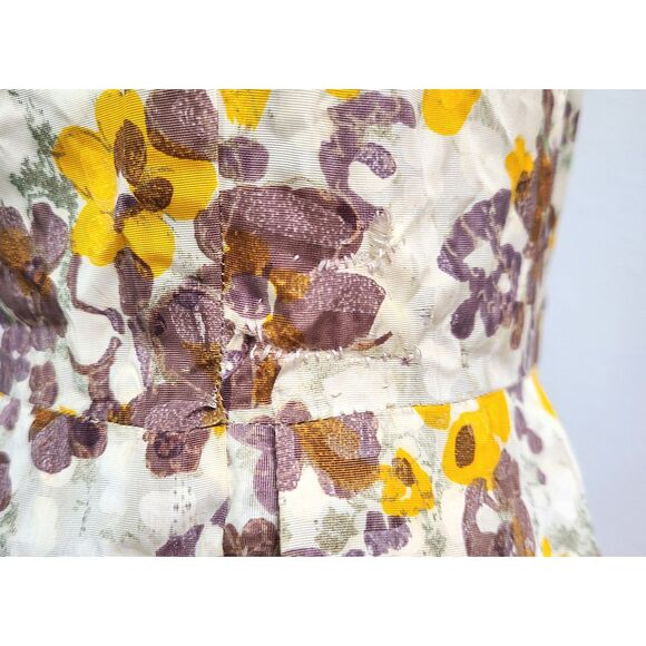 Vintage 1950s Georgette Yellow Floral Dress SMALL Midi Square Neck *Repaired* S - Picture 6 of 8